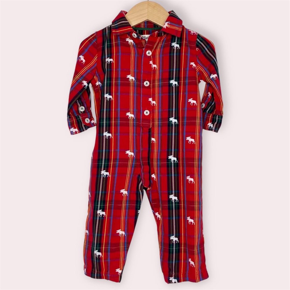 Hatley holiday romper red plaid moose print one piece coverall size 3-6‎ months